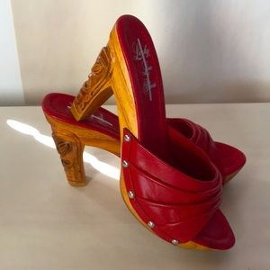 Lucky Lou Tiki Wood Heel Rockabilly Sandals Slides